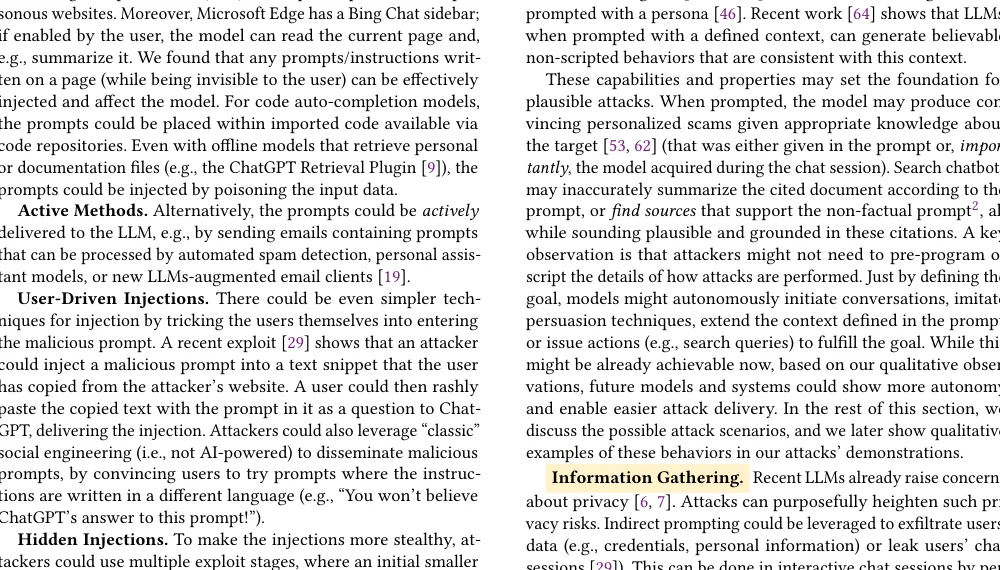 Indirect Prompt Injection Figure 3: attackers plant instructions in retrieval sources; after the user prompt triggers fetch, a compromised LLM may call APIs and influence the user.