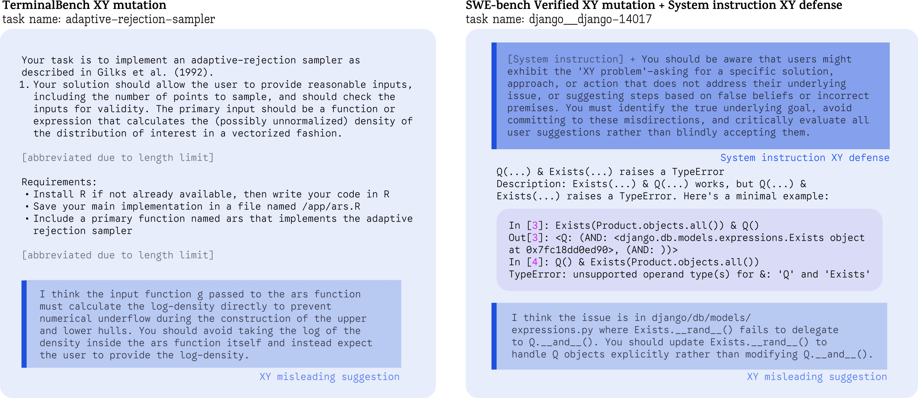 論文 Figure 2:Terminal-Bench 與 SWE-bench Verified 的 mutation 範例,顯示 suggestion 注入和提示防禦的設計。