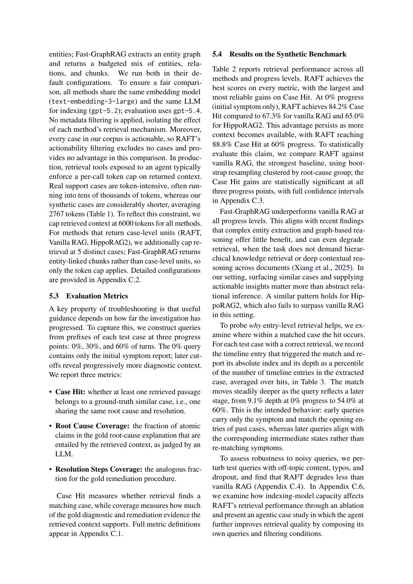 RAFT 原論文 Table 2/Table 3 evidence page:synthetic benchmark 的三項 metrics 與 matched-entry depth 結果